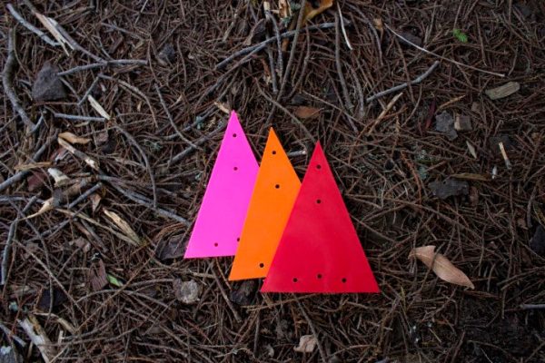 Small, plastic triangle markers in bright pink, orange, and red.