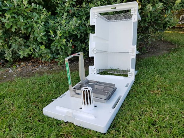 Erayz non-toxic jerky block - a lure for stoat, ferret, weasel, and rodent control - sitting in a DOC250 trap.